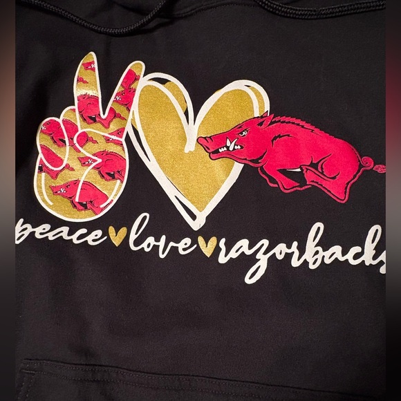 Black Hoodie with Red and Gold peace, love, and Arkansas razorbacks Graphics med - Picture 1 of 4